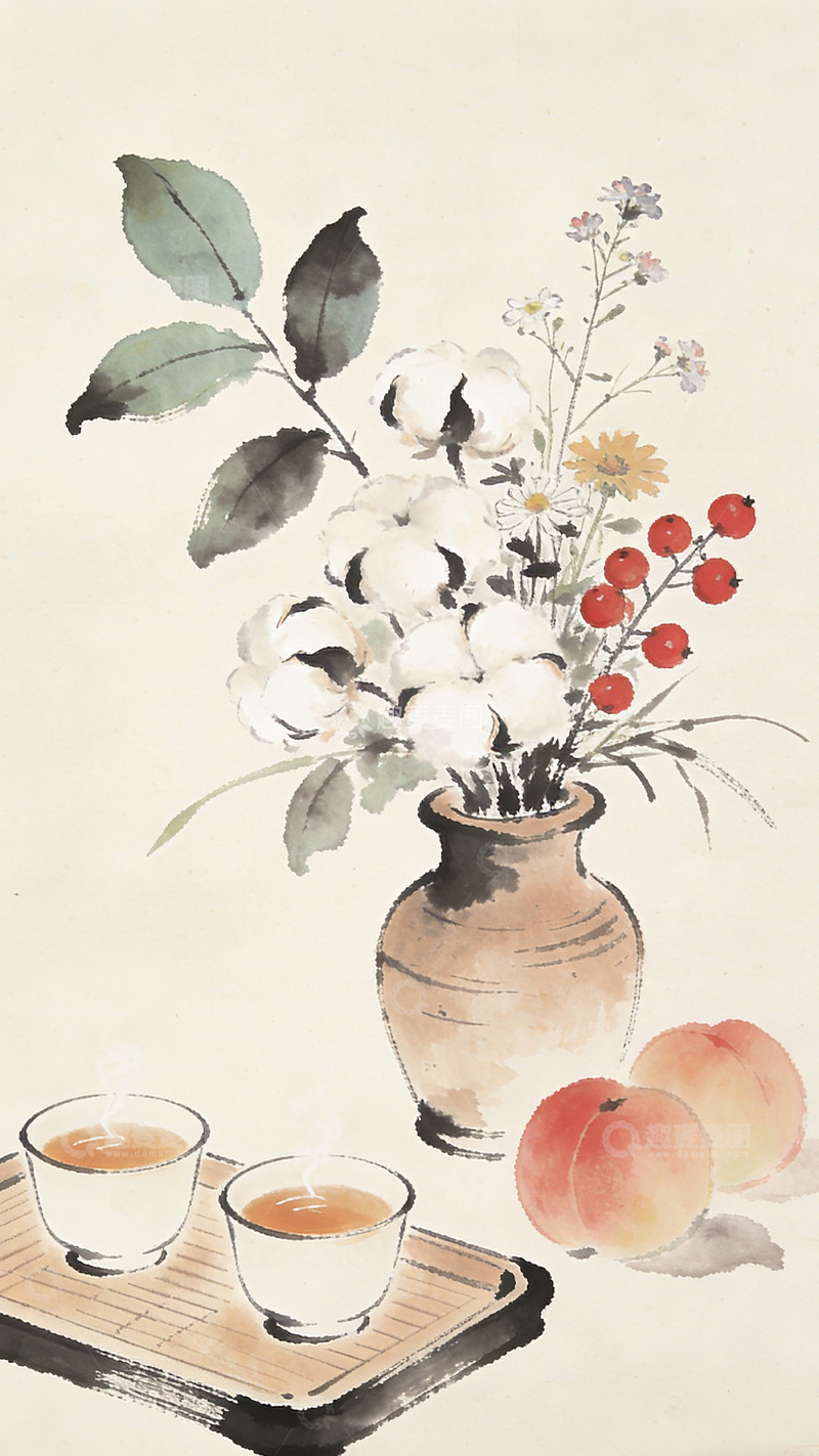 高清大图下载【趣麦麦图】水墨画静物花卉茶杯桃子