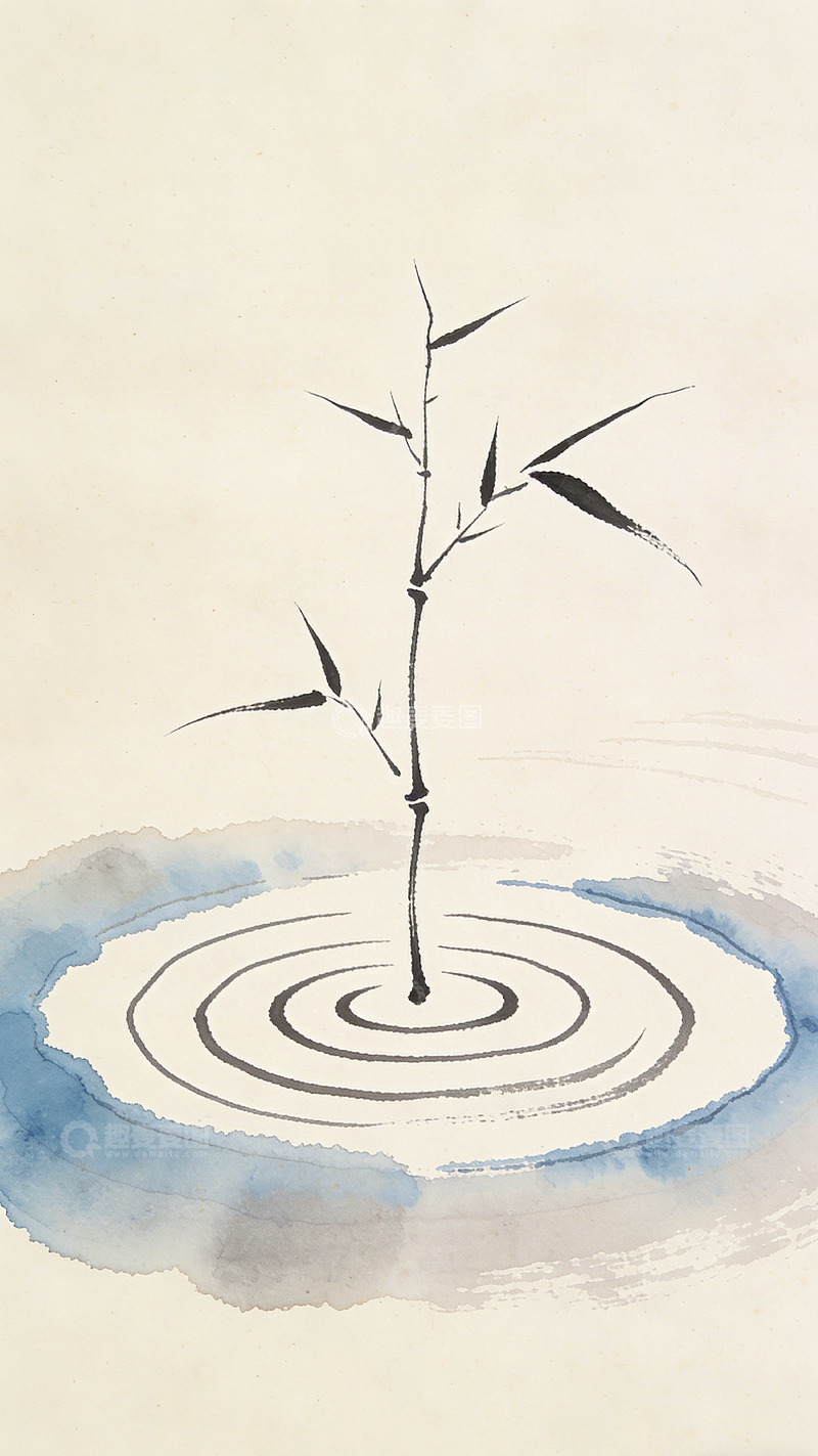 高清大图下载【趣麦麦图】水墨竹影水中涟漪国画
