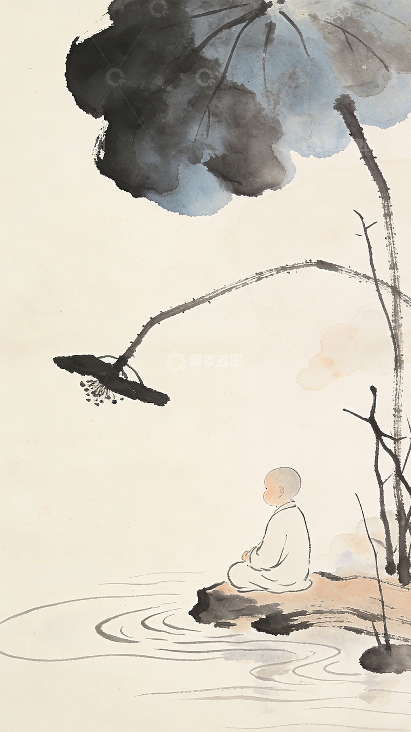 高清大图下载【趣麦麦图】水墨禅意小僧坐水边