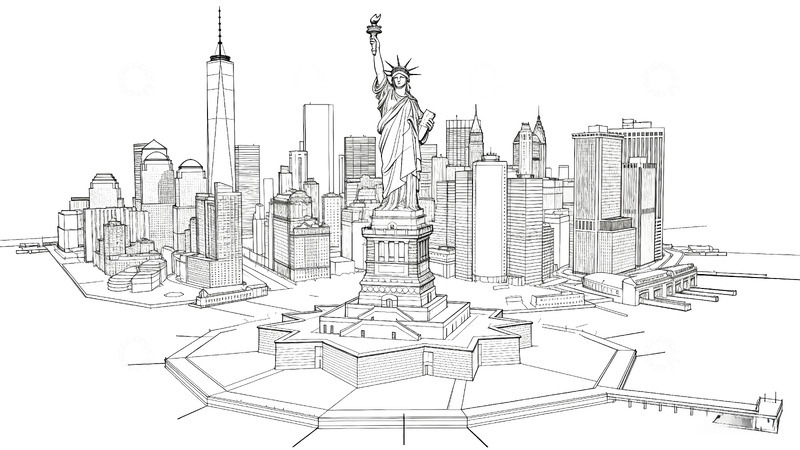 高清大图下载【趣麦麦图】线条画世界名建筑-自由女神像