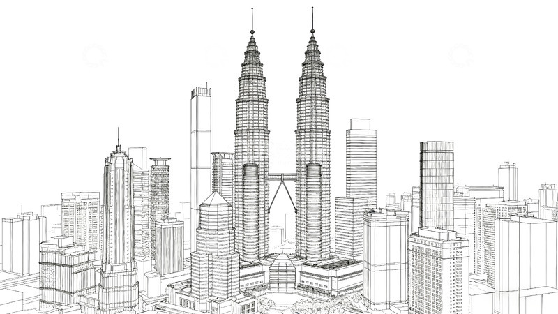 高清大图下载【趣麦麦图】线条画世界名建筑-吉隆坡双子塔