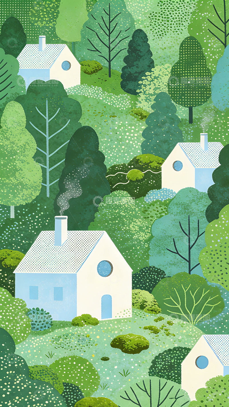 高清大图下载【趣麦麦图】森林小屋插画壁纸