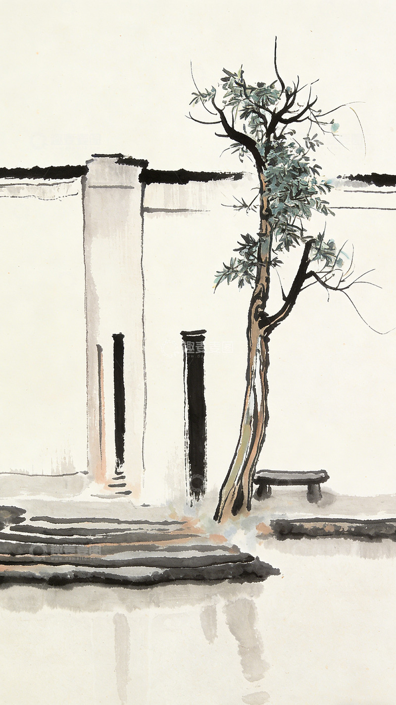 高清大图下载【趣麦麦图】水墨画庭院景观国画装饰画