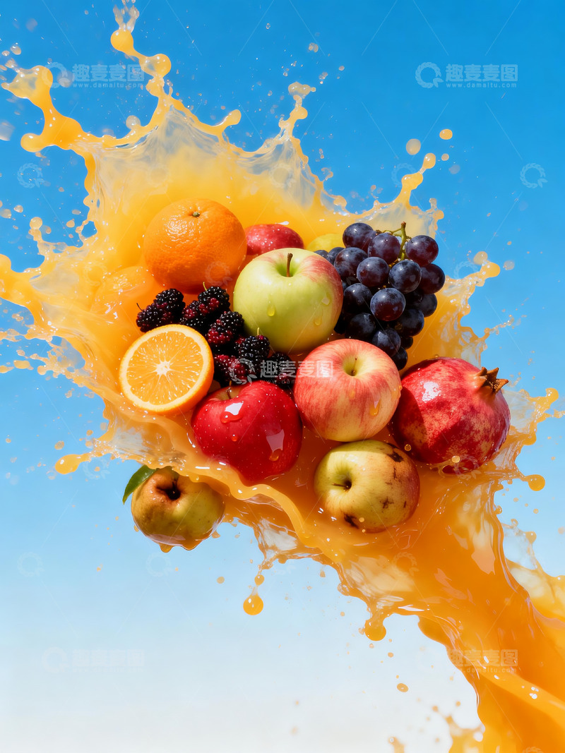 高清大图下载【趣麦麦图】喷射果汁中的水果1