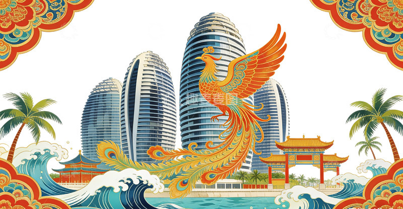 高清大图下载【趣麦麦图】凤凰展翅现代建筑国风插画