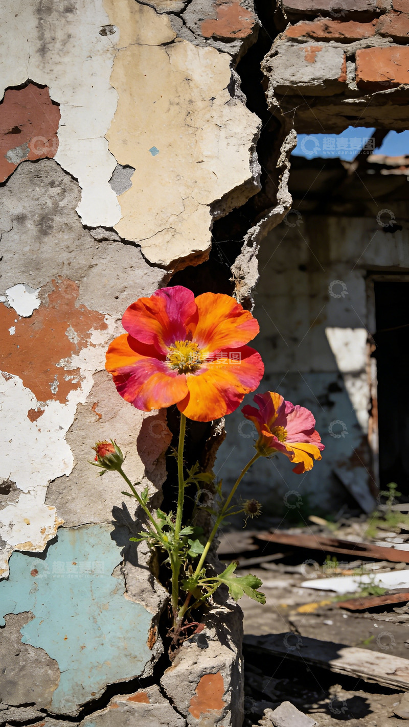 高清大图下载【趣麦麦图】废墟中绽放的花朵