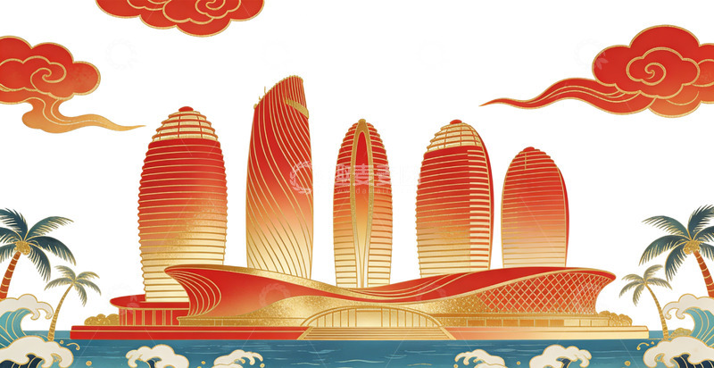 高清大图下载【趣麦麦图】金色现代建筑国风插画
