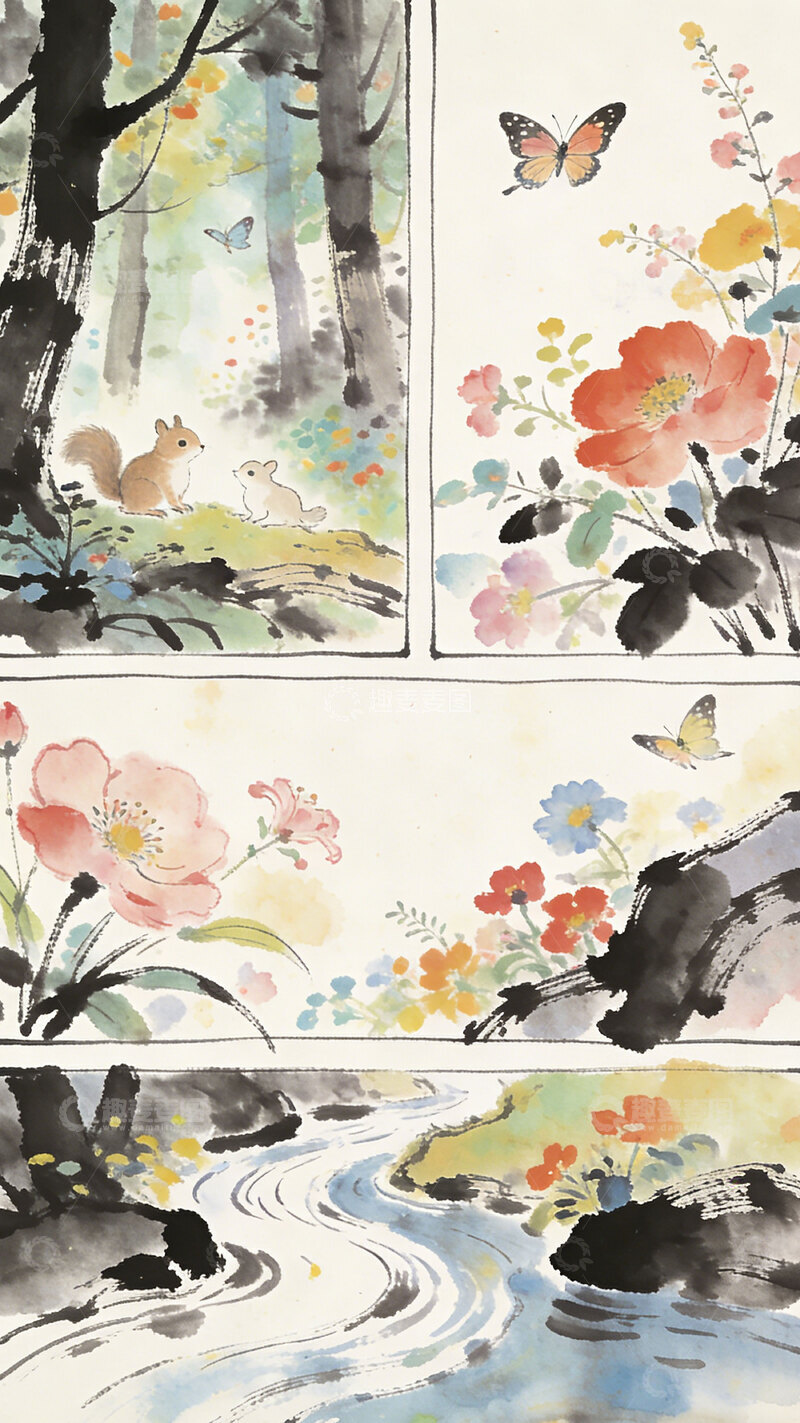 高清大图下载【趣麦麦图】水墨风森林花卉溪流图