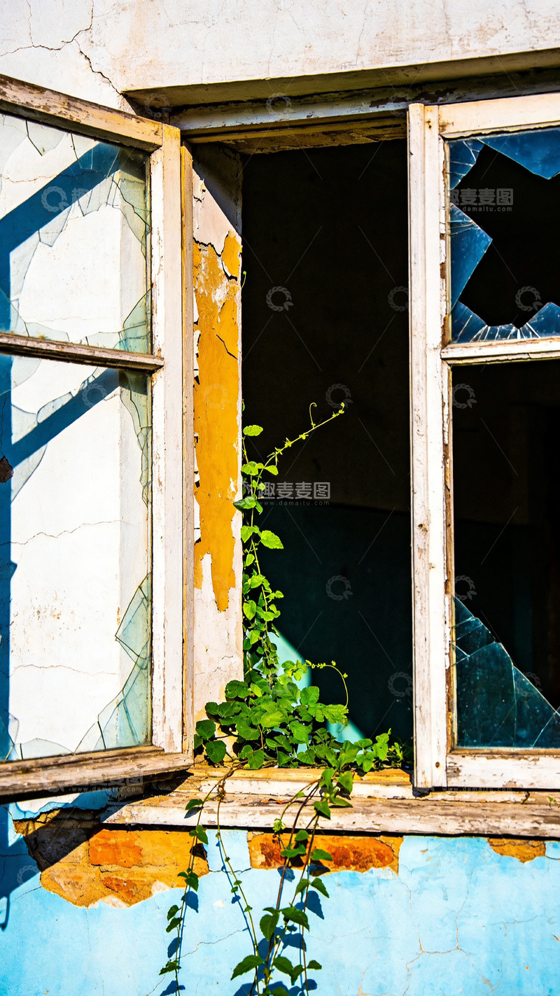 高清大图下载【趣麦麦图】废墟窗框绿植