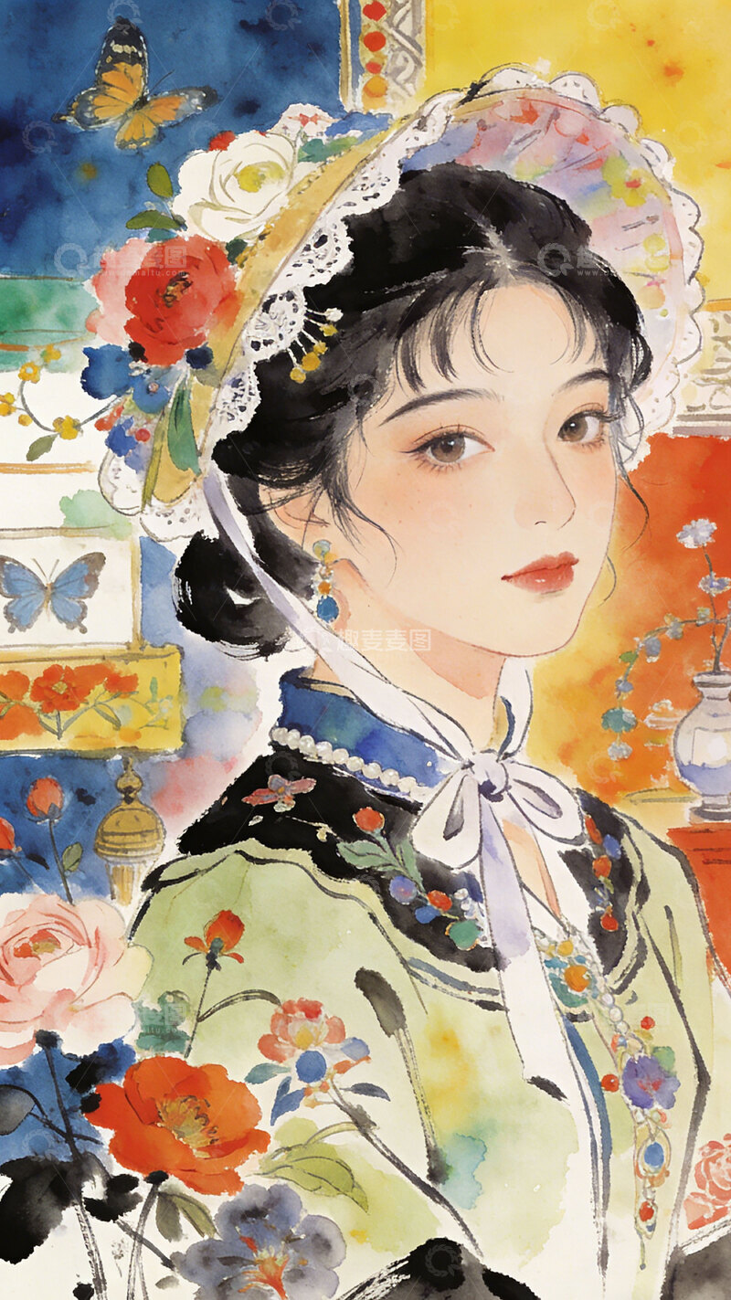 高清大图下载【趣麦麦图】水彩古装仕女图