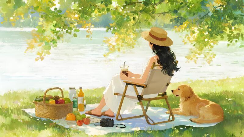 高清大图下载【趣麦麦图】夏日湖畔悠闲时光卡通插画素材