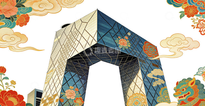 高清大图下载【趣麦麦图】古风建筑与祥云花卉融合图案