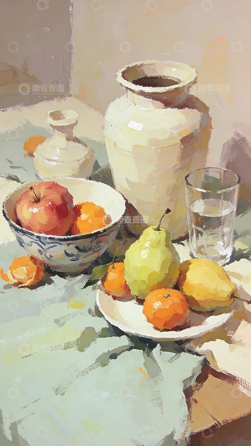 高清大图下载【趣麦麦图】水彩静物水果陶罐绘画素材