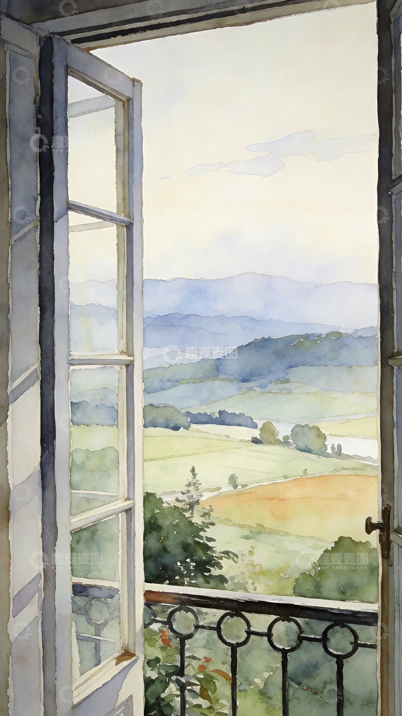 高清大图下载【趣麦麦图】窗外田园水彩画