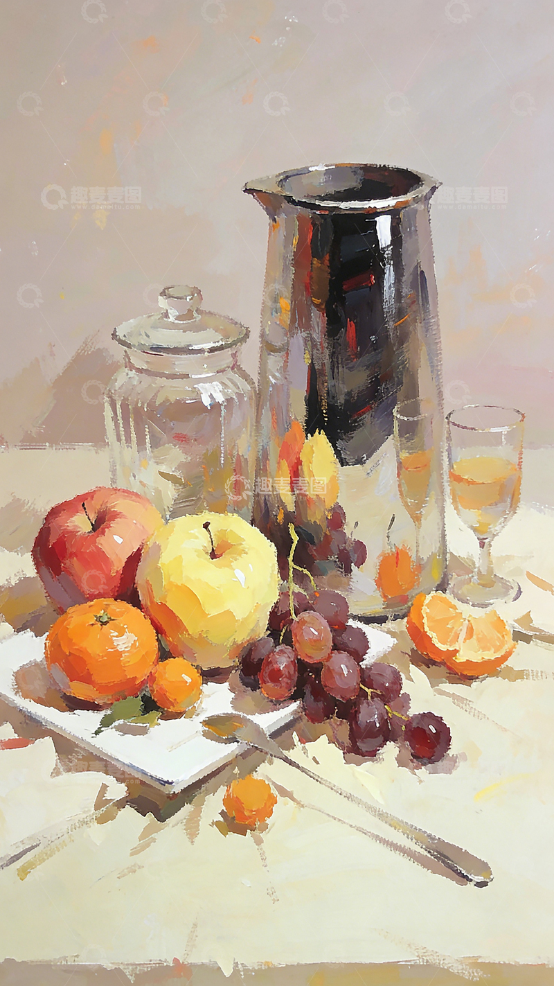 高清大图下载【趣麦麦图】静物水彩画水果金属器皿