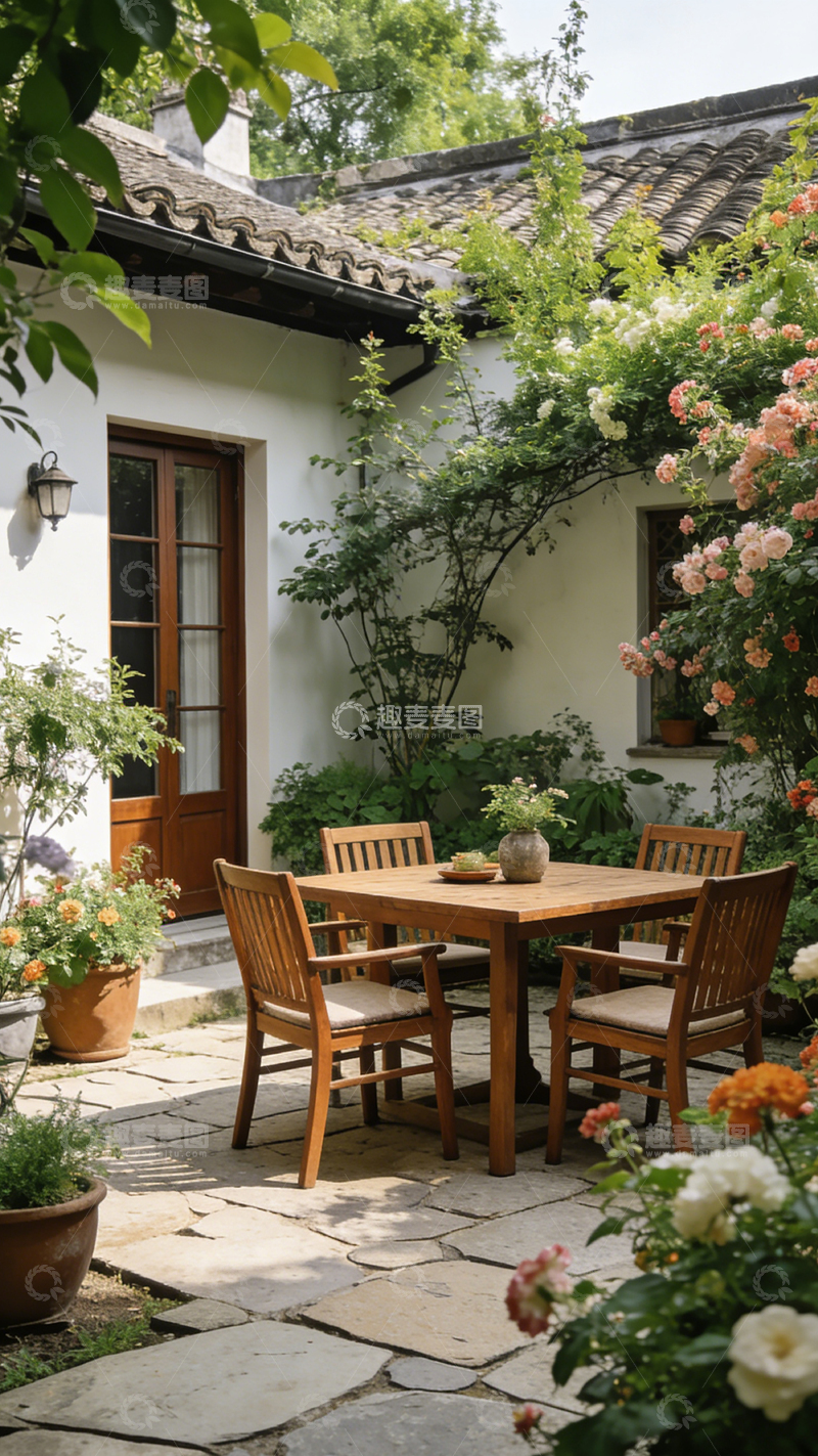 高清大图下载【趣麦麦图】田园风庭院休闲木桌椅场景