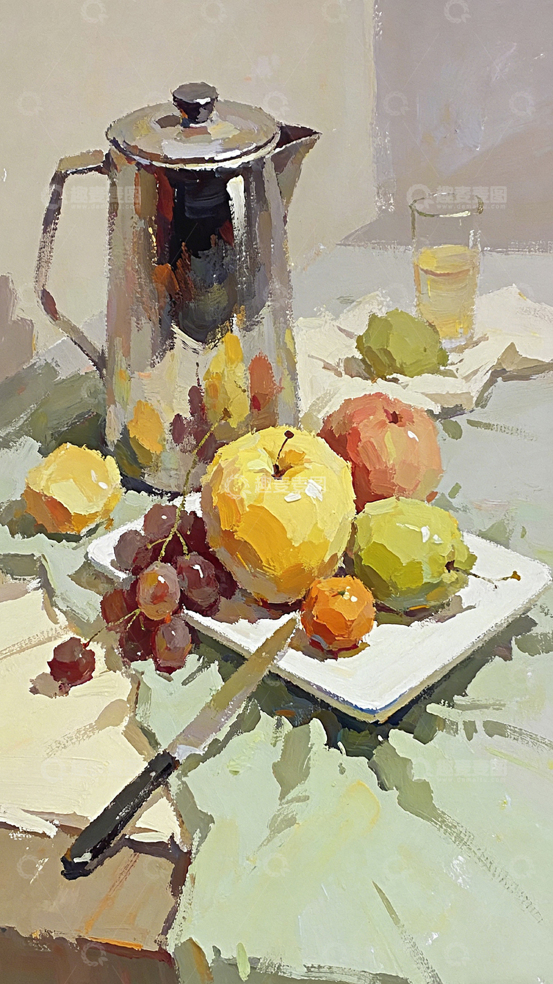 高清大图下载【趣麦麦图】水彩静物水果茶壶画作