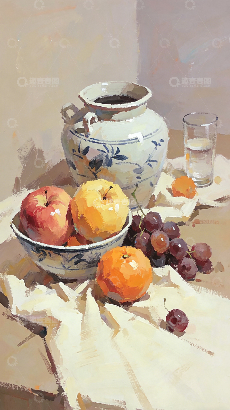 高清大图下载【趣麦麦图】静物水彩画水果陶瓷器皿