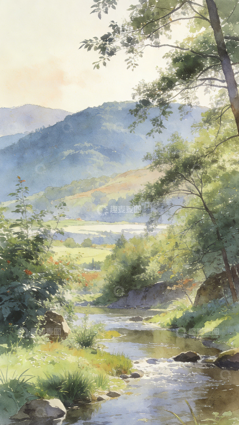 高清大图下载【趣麦麦图】水彩山溪风光画