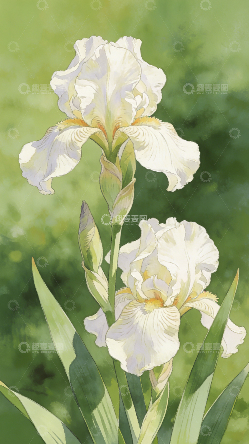 高清大图下载【趣麦麦图】水彩鸢尾花盛开艺术插画