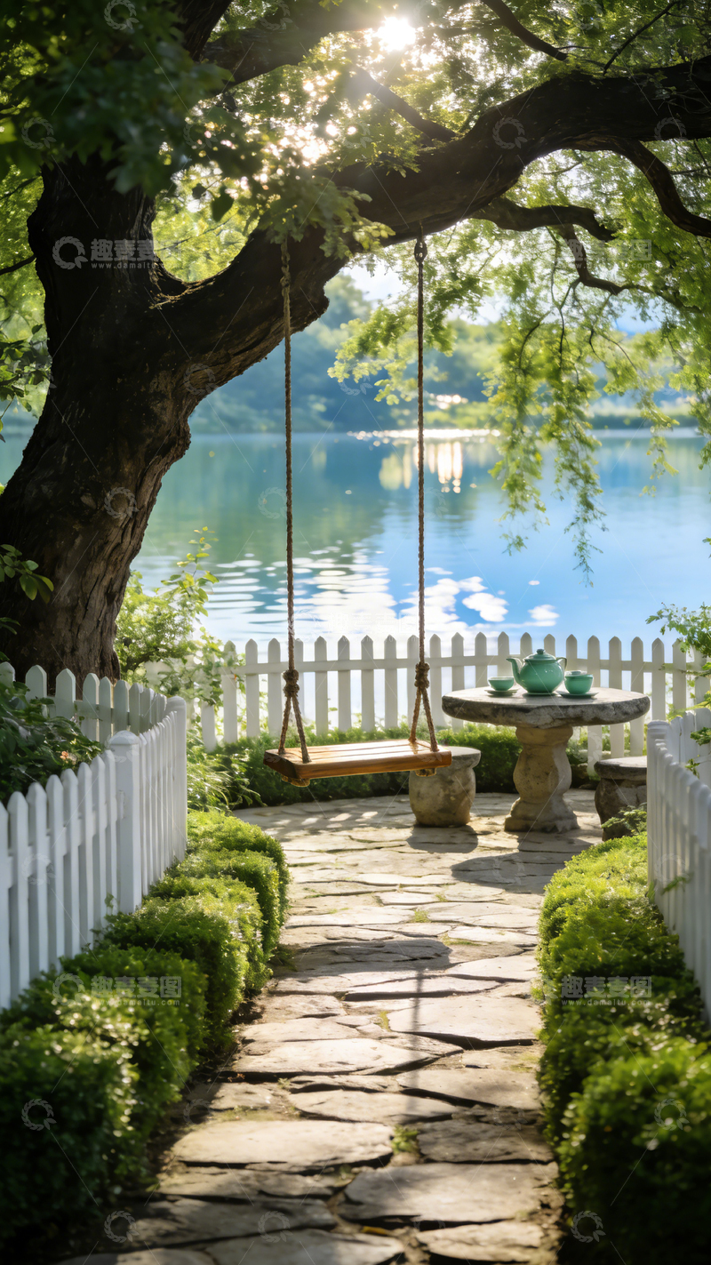高清大图下载【趣麦麦图】宁静湖畔秋千美景