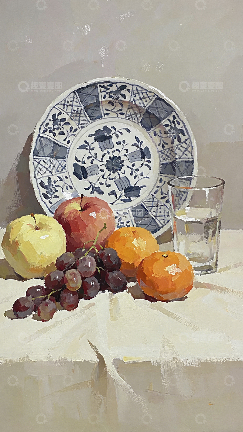 高清大图下载【趣麦麦图】静物水彩画水果盘子玻璃杯