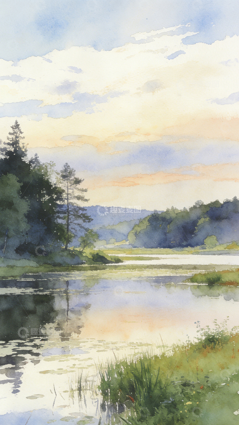 高清大图下载【趣麦麦图】水彩风景晚霞湖面画作