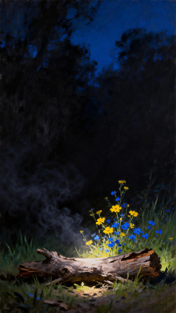 夜色森林野花原木油画
