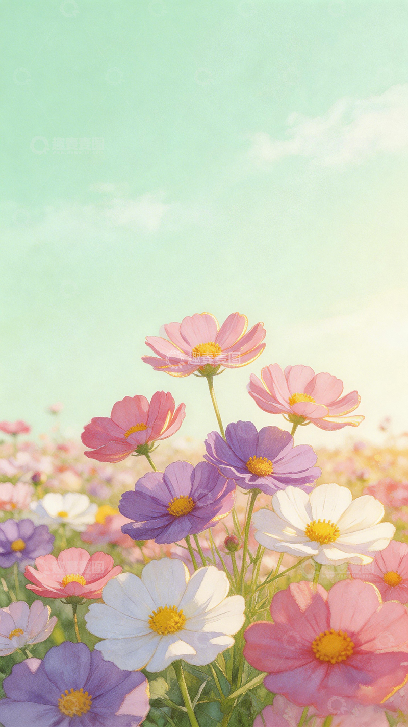 高清大图下载【趣麦麦图】花海春景插画壁纸