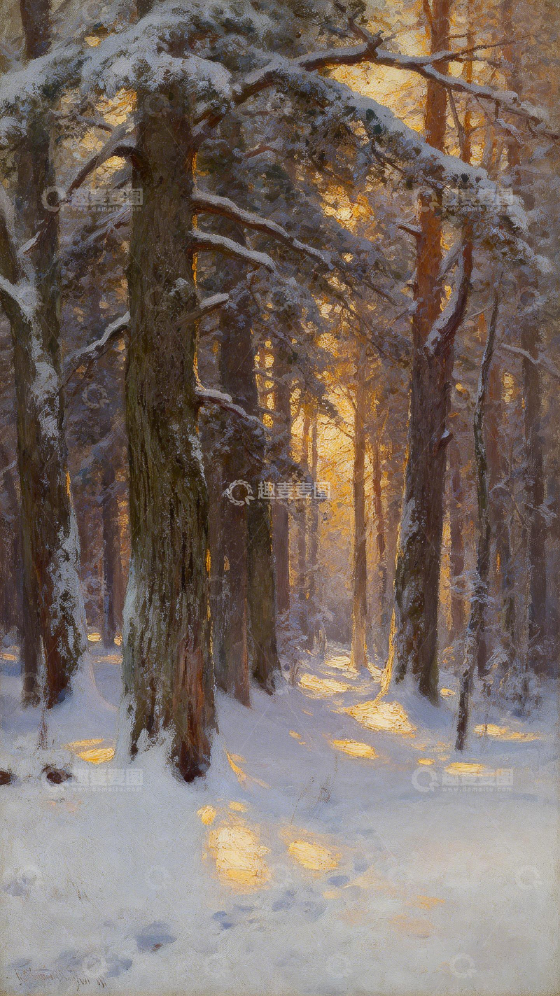高清大图下载【趣麦麦图】冬日森林雪景油画