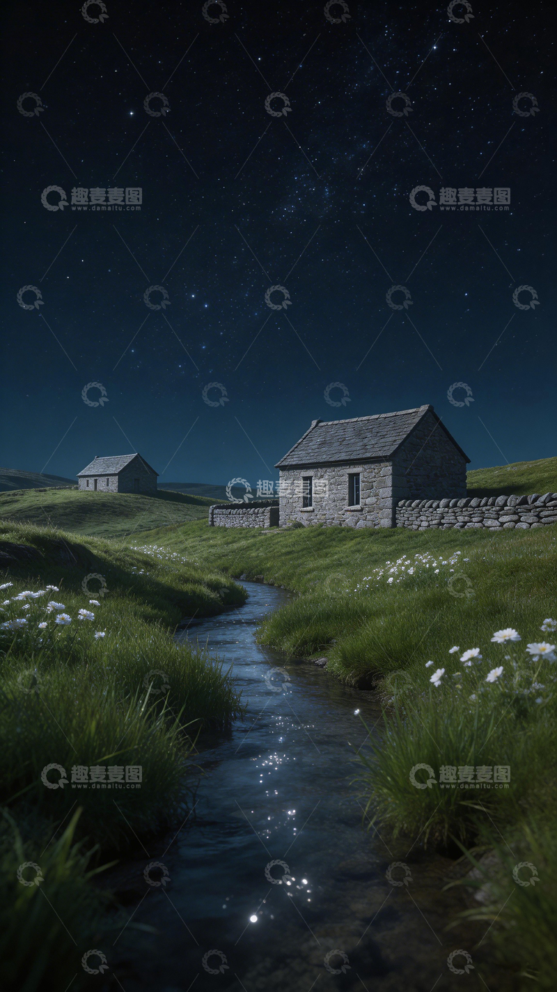 高清大图下载【趣麦麦图】夜空下的小溪与石屋