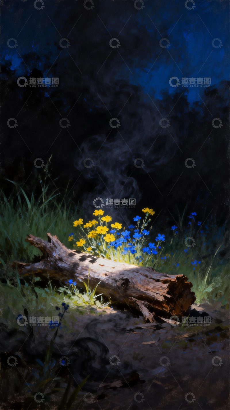 高清大图下载【趣麦麦图】夜色野花原木油画