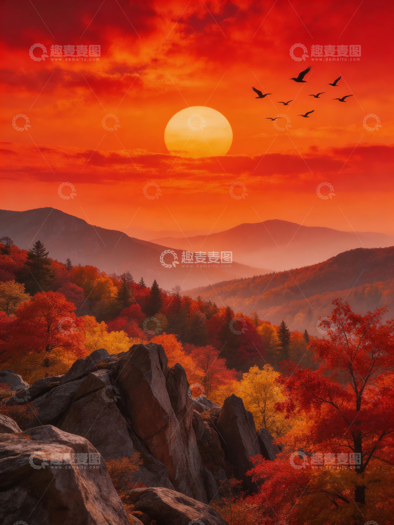 高清大图下载【趣麦麦图】中式秋日山景画5