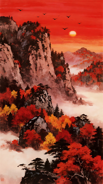 中式秋日山景画7