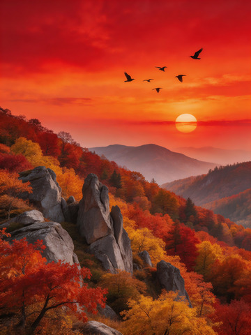 中式秋日山景画