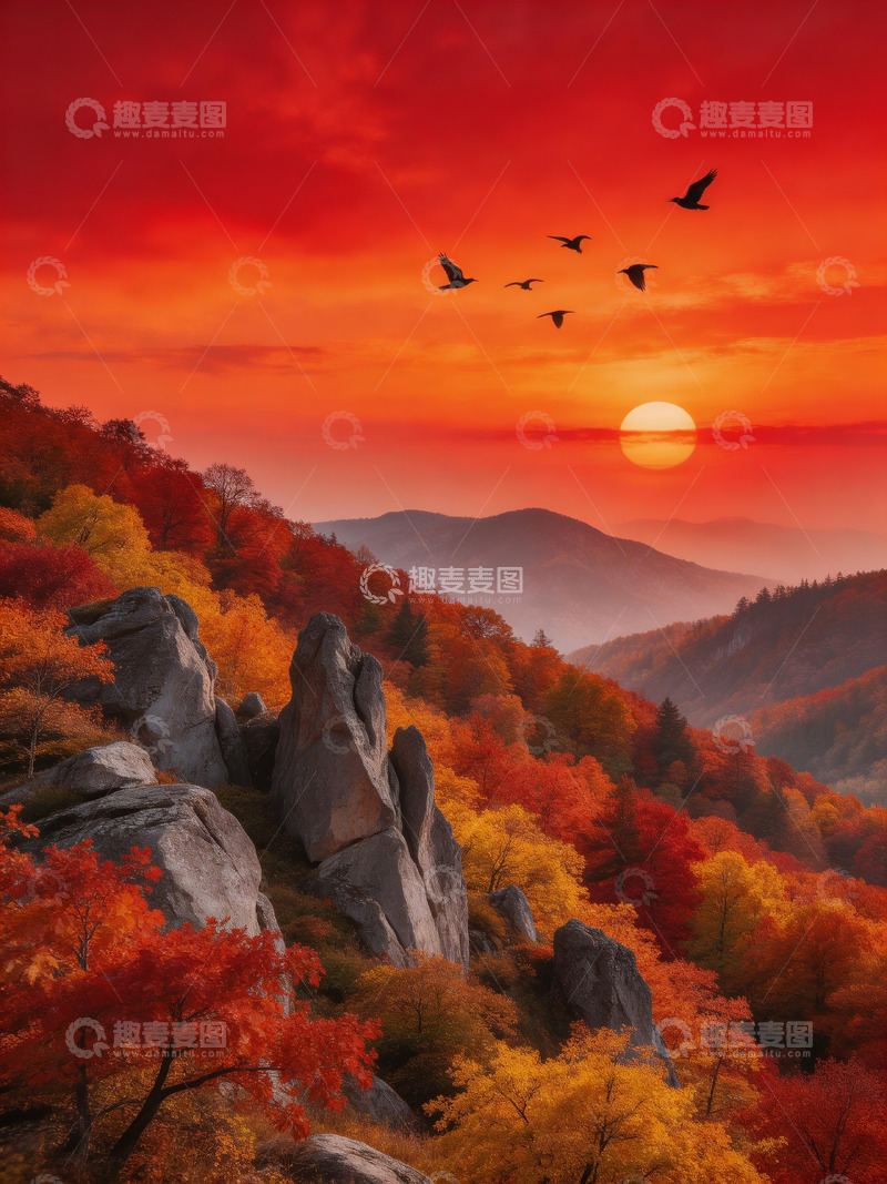 高清大图下载【趣麦麦图】中式秋日山景画