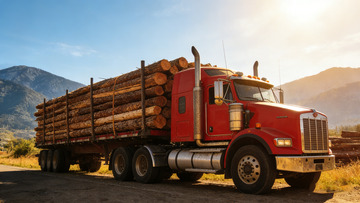 红色卡车运输木材公路行驶01