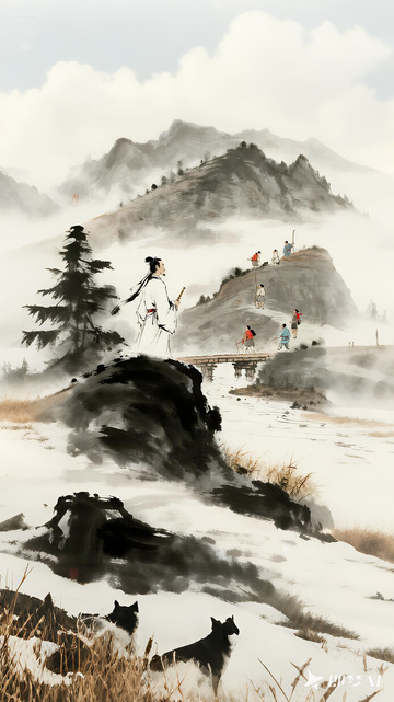 水墨风格古人登高望远