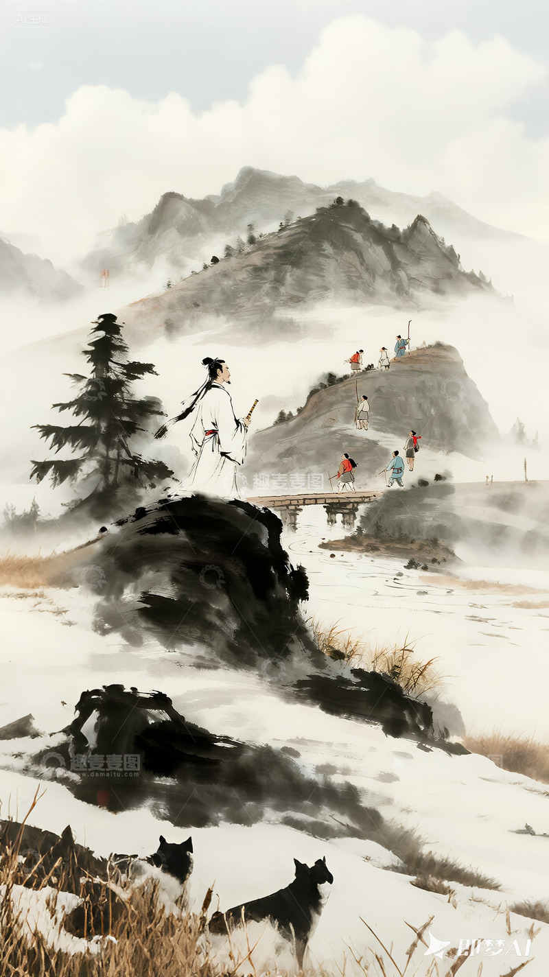 高清大图下载【趣麦麦图】水墨风格古人登高望远