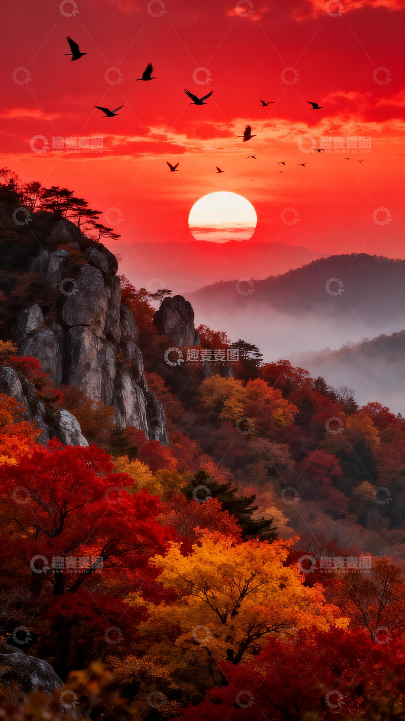 高清大图下载【趣麦麦图】中式秋日山景画2