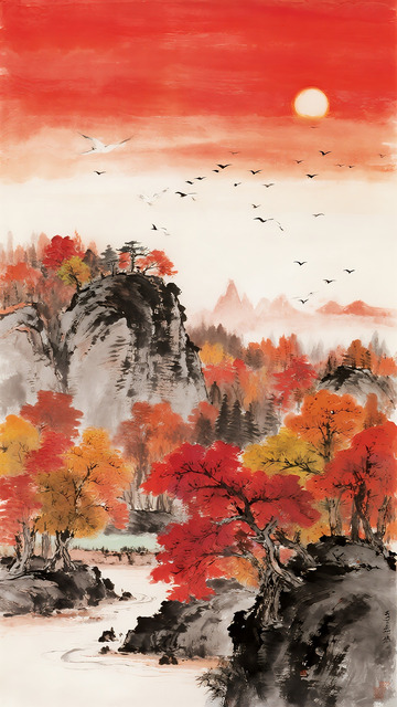 中式秋日山景画6