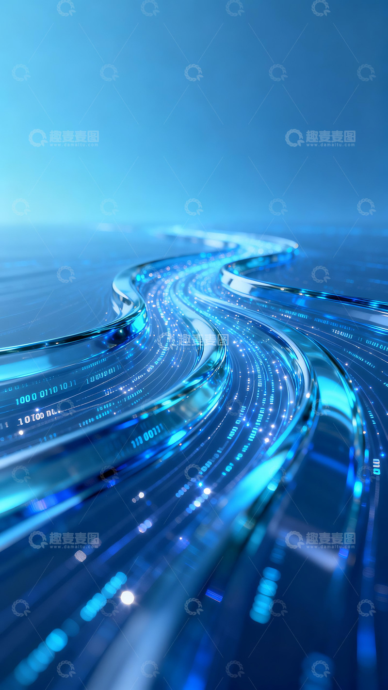 高清大图下载【趣麦麦图】流畅蓝色透明玻璃曲线数据编码流动背景4
