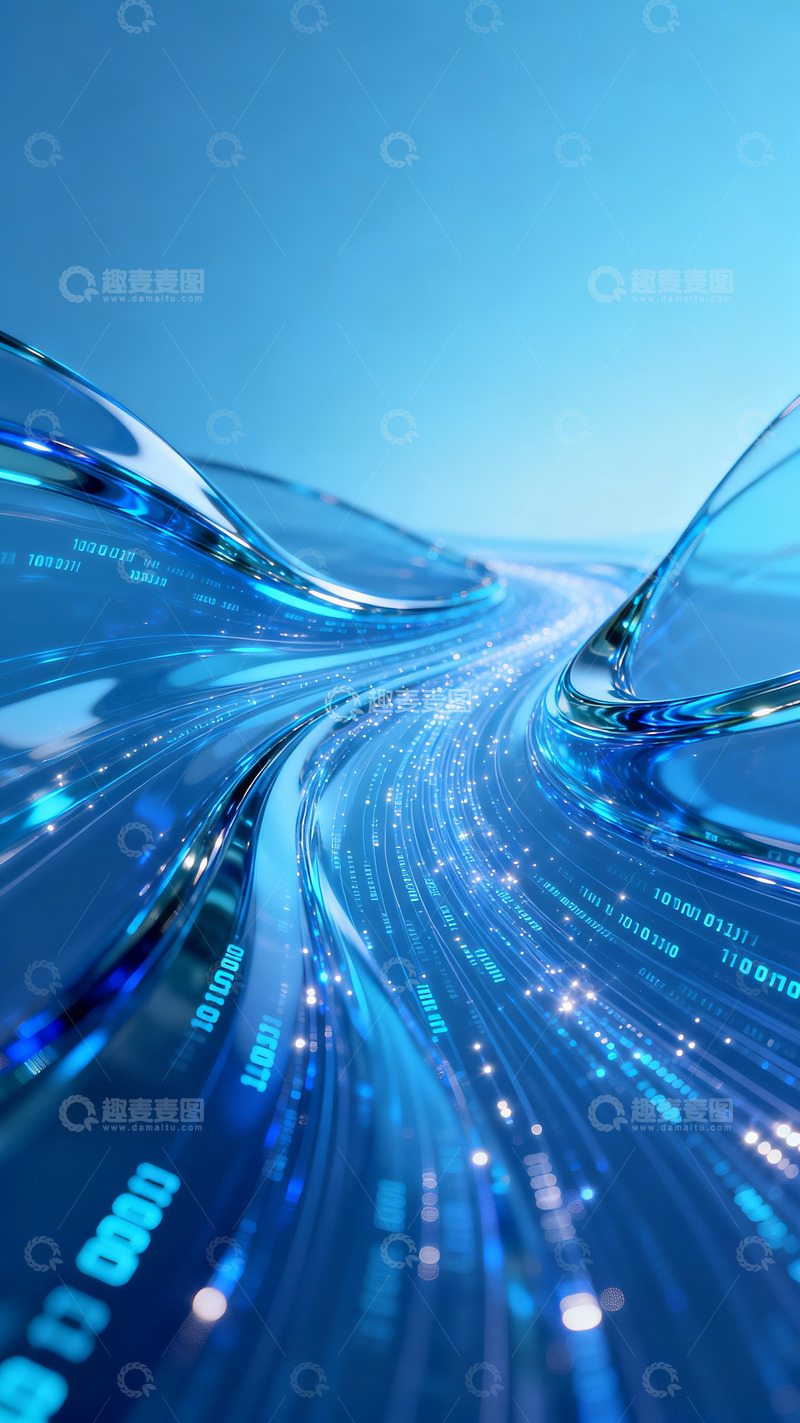 高清大图下载【趣麦麦图】流畅蓝色透明玻璃曲线数据编码流动背景1