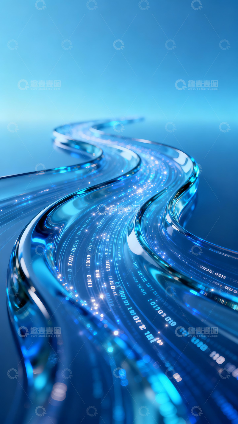 高清大图下载【趣麦麦图】流畅蓝色透明玻璃曲线数据编码流动背景3