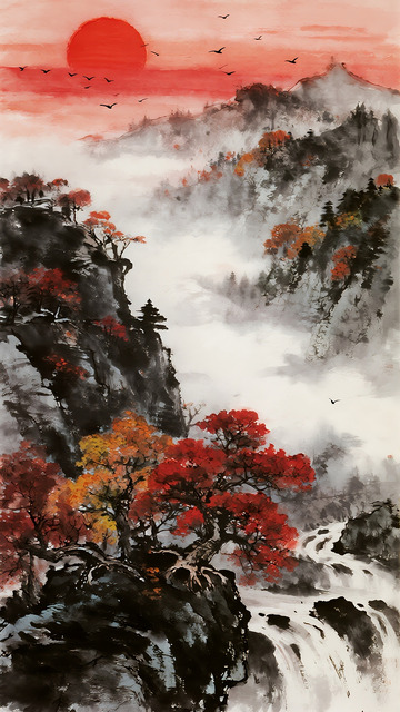 中式秋日山景画8