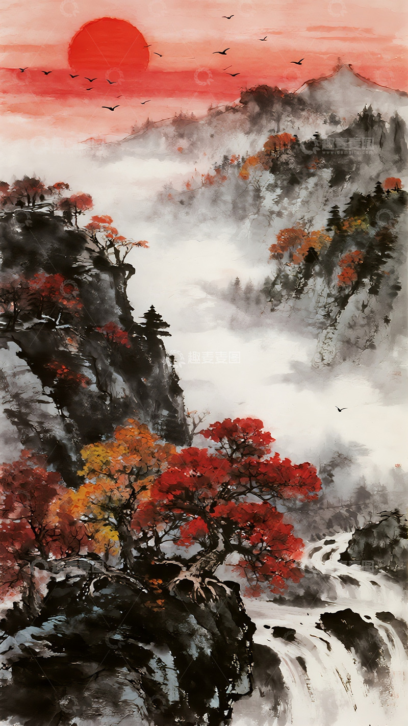 高清大图下载【趣麦麦图】中式秋日山景画8