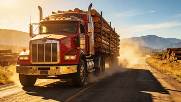 红色卡车运输木材公路行驶