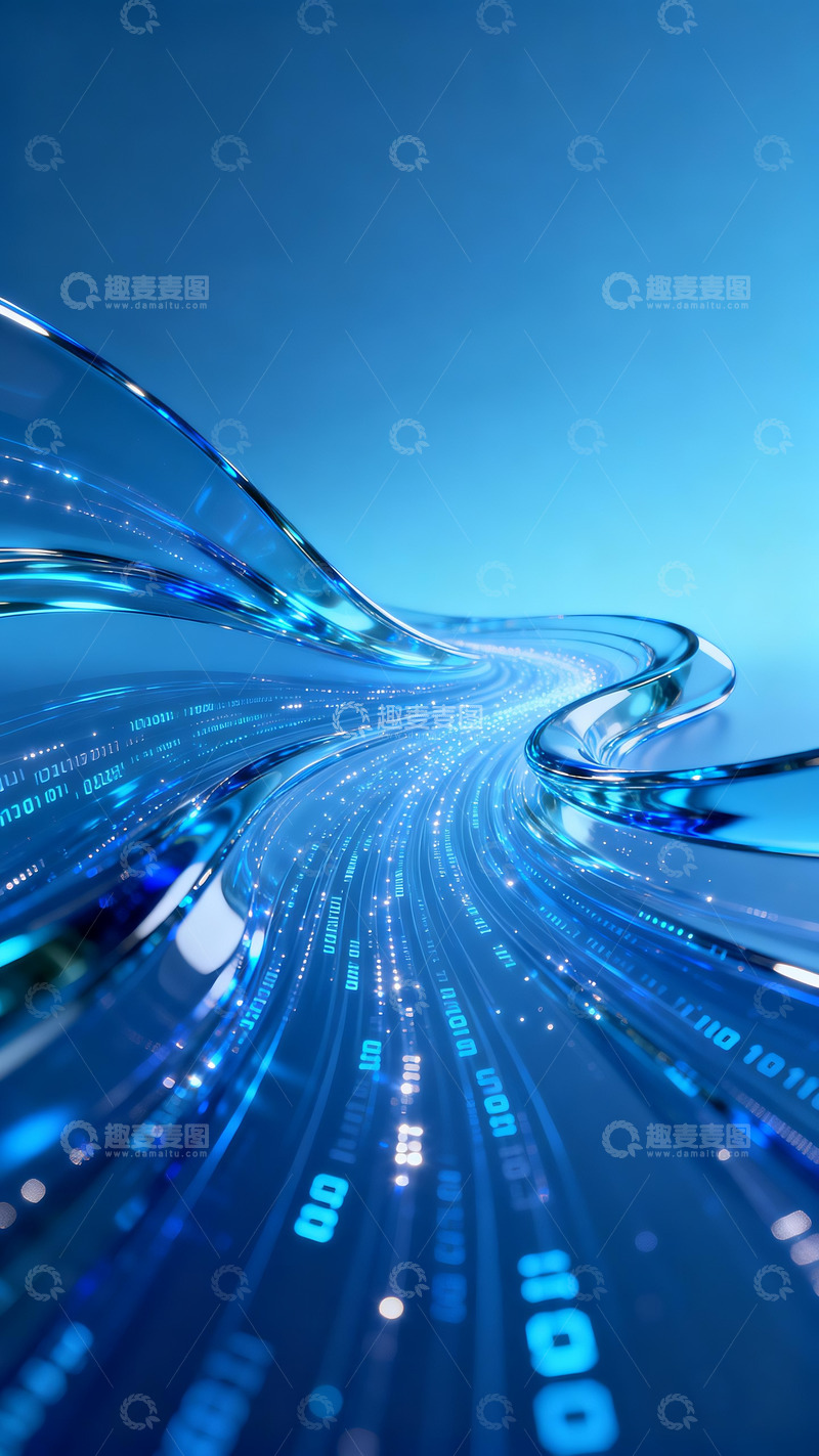 高清大图下载【趣麦麦图】流畅蓝色透明玻璃曲线数据编码流动背景2