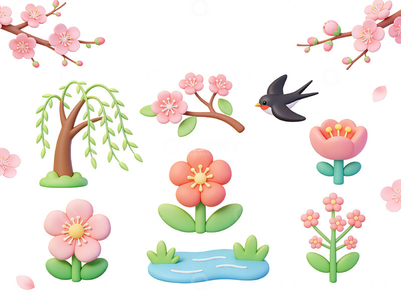 高清大图下载【趣麦麦图】卡通春天花卉鸟景插画素材