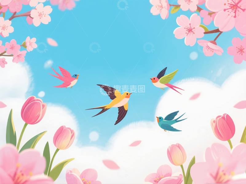 高清大图下载【趣麦麦图】春日樱花飞舞插画设计素材